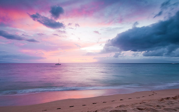 Salig paradis, strand, båt, lila, solnedgång, vatten, hav, sommar, marinmålning, himmel, hawaii, hav, rosa, HD tapet