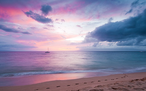 Błogi raj, plaża, łódź, fioletowy, zachód słońca, woda, morze, lato, pejzaż morski, niebo, hawaje, ocean, różowy, Tapety HD HD wallpaper