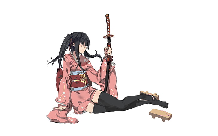 femme tenant le papier peint de l'épée, anime, filles anime, Gintama, Yagyuu Kyuubei, vêtements japonais, épée, katana, kimono, cuissardes, arme, cheveux noirs, fond blanc, fond simple, Fond d'écran HD
