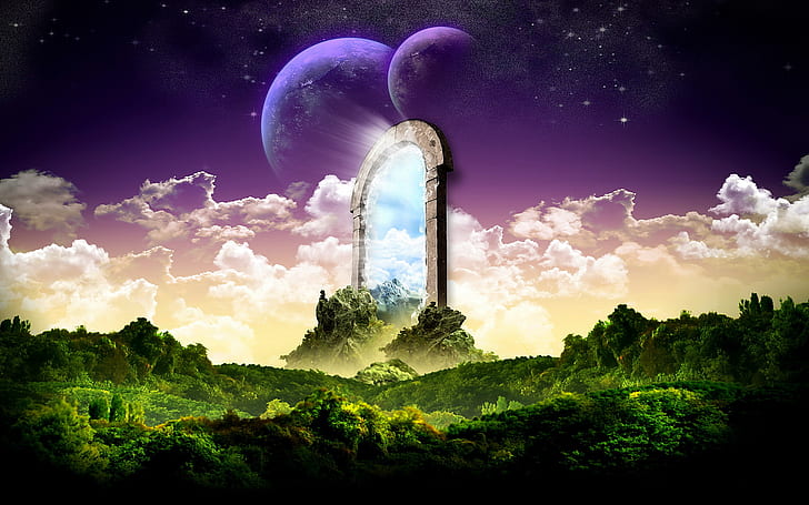 Earth, A Dreamy World, Cloud, Fantasy, Gate, Landscape, Magic, Stars, HD wallpaper