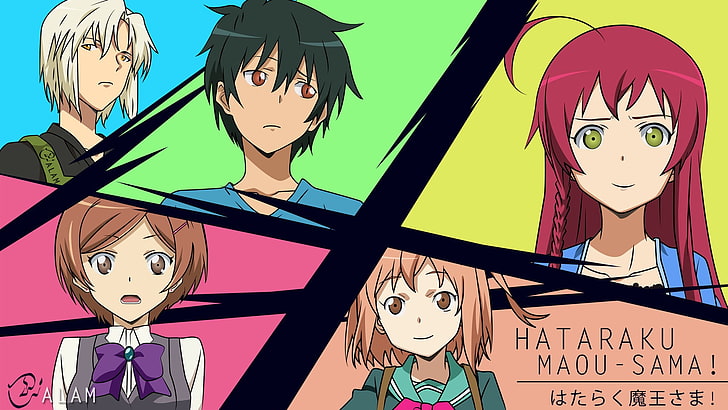 Hataraku Maou-sama !, Sasaki Chiho, Maou Sadao, Ashiya Shirou, Yusa Emi, anime, Fondo de pantalla HD