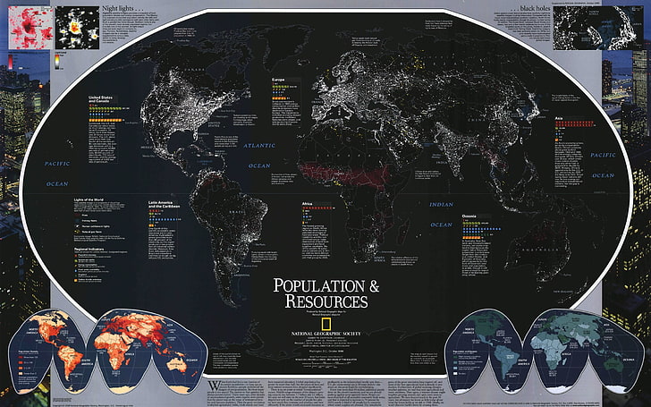 Pubblicità su popolazione e risorse del National Geographic, mappa del mondo, infografica, testo, Sfondo HD