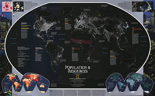 Pubblicità su popolazione e risorse del National Geographic, mappa del mondo, infografica, testo, Sfondo HD HD wallpaper