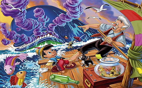 Pinocchio Adventures At Sea Cartoon Walt Disney Skrivbordsunderlägg Bakgrunder Gratis nedladdning 1920 × 1200, HD tapet HD wallpaper
