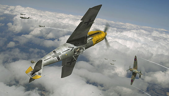 иллюстрация самолета, небо, рисунок, арт, самолеты, воздушный бой, WW2, британский, немецкий, HD обои HD wallpaper