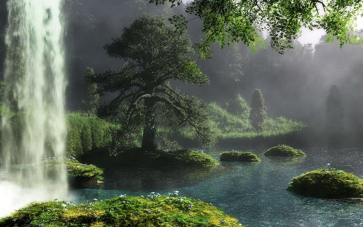 Waterfall Pohon Air HD, foto badan air dikelilingi oleh pohon, alam, pohon, air, air terjun, Wallpaper HD