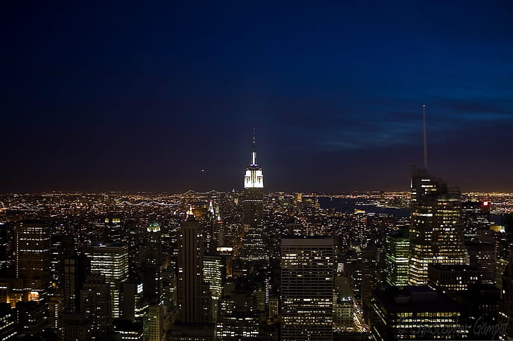widok z lotu ptaka Empire State Building w porze nocnej, Empire State Building, w porze nocnej, Canon, XSi, NYC, Centrum, gothamist, pejzaż miejski, miejski Skyline, Nowy Jork, wieżowiec, Manhattan - Nowy Jork, słynne miejsce, miasto, miasto Scena, noc, dzielnica śródmieście, USA, architektura, stan Nowy Jork, widok z lotu ptaka, śródmieście Manhattan, budynek na zewnątrz, wieża, zachód słońca, zbudowana konstrukcja, Tapety HD