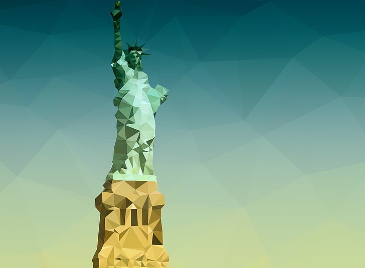 Ilustrasi Patung Liberty, Patung Liberty, segitiga, Photoshop, biru, poli rendah, Wallpaper HD