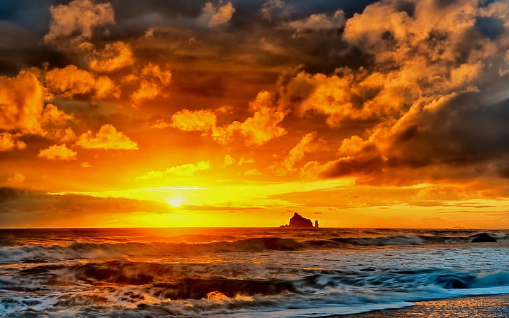 Sunset sea, beach, rocks, red sky, Sunset, Sea, Beach, Rocks, Red, Sky, HD wallpaper
