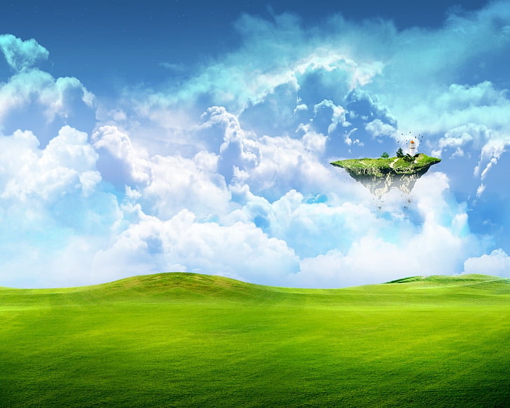 青い空、シンプルな背景、浮島、デジタルアート、空、風景、雲、 HDデスクトップの壁紙