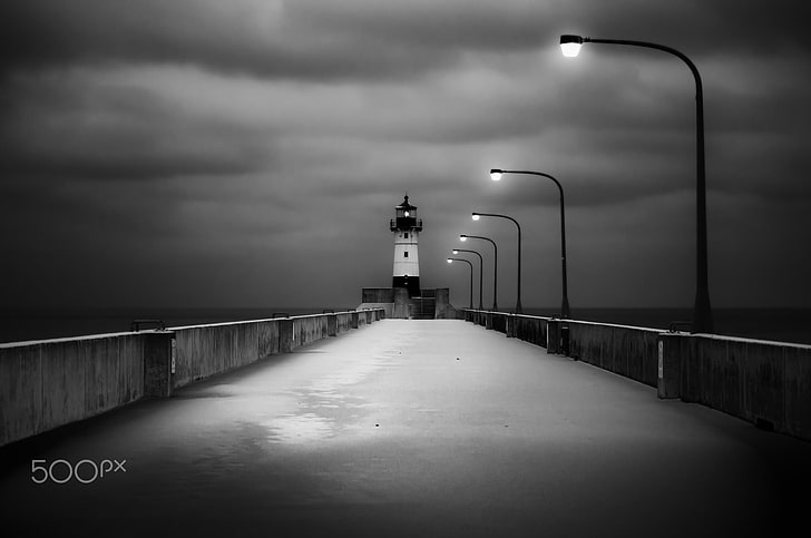 photography, lighthouse, pier, HD wallpaper