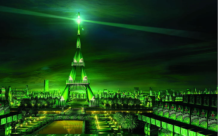 green tower illustration, Paris, Heineken, city, beer, green, HD wallpaper