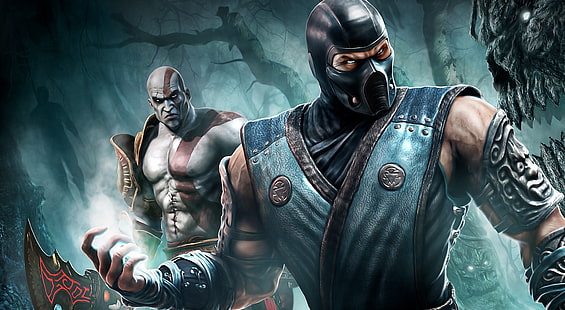 Sub Zero And Kratos HD Wallpaper, 전쟁의 신 바탕 화면, 게임, Mortal Kombat, 비디오 게임, Kratos, 컨셉 아트, sub zero, HD 배경 화면 HD wallpaper