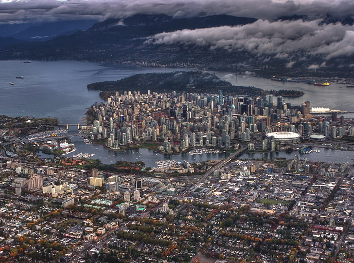Vancouver havadan görünümü, gri beton bina çok, Kanada, Britanya Kolumbiyası, Pasifik, okyanus, Batı, mimari, uçak, yanlış, hava, kentsel, dere, Columbia, İngiliz, Vancouver, sahil, liman, şehir merkezinde, kayan nokta, HD masaüstü duvar kağıdı