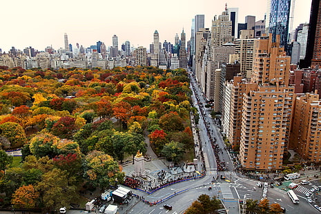 Havadan görünümü, kuş bakışı, bina, Central Park, Cityscape, kalabalıklar, sonbahar, Manhattan, maraton, New York City, park, bitkiler, yol, kavşaklarda, gökdelen, spor, sokak, ağaçlar, kentsel, ABD, HD masaüstü duvar kağıdı HD wallpaper
