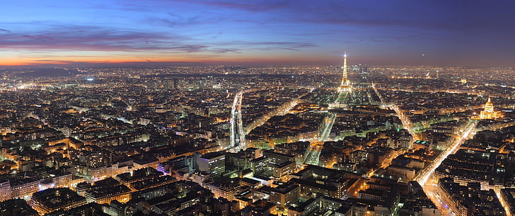 Париж Эйфелева башня, ультраширо, сумерки, париж, городской пейзаж, HD обои