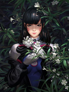  D.Va (Overwatch), Overwatch, video games, video game characters, video game girls, portrait display, brunette, face paint, jacket, gloves, looking at viewer, flowers, nature, plants, fan art, artwork, drawing, digital art, Liang Xing, Liang-Xing, HD wallpaper HD wallpaper