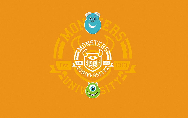 Иллюстрация университета монстров, синий, зеленый, надпись, круглая, минимализм, оранжевый фон, лица, Monsters University, Inc., Monsters Inc., Monsters, HD обои