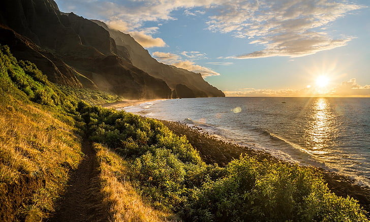 y, nubes, costa, hawaii, kalalau, montañas, naturaleza, paisajes, sol, amaneceres, puestas de sol, Fondo de pantalla HD