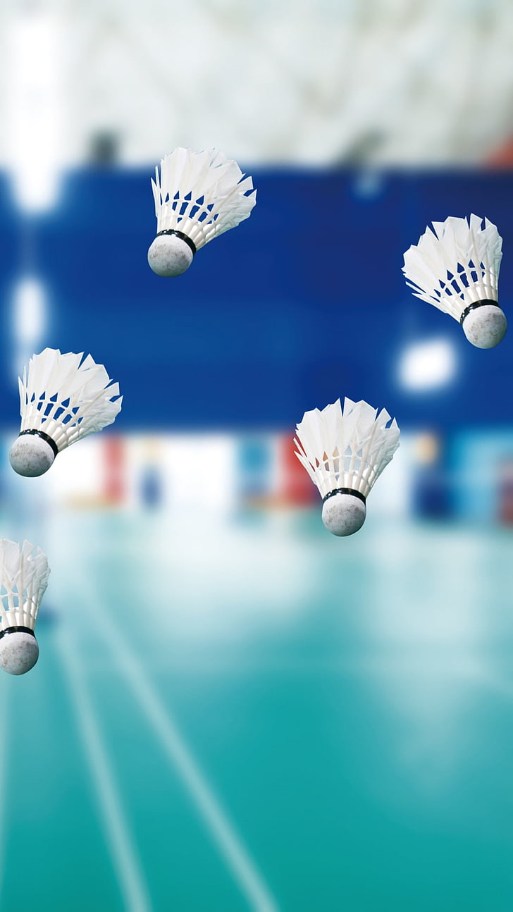Badminton, fünf weiße Federballhähne, Sport, Badminton, HD-Hintergrundbild, Handy-Hintergrundbild