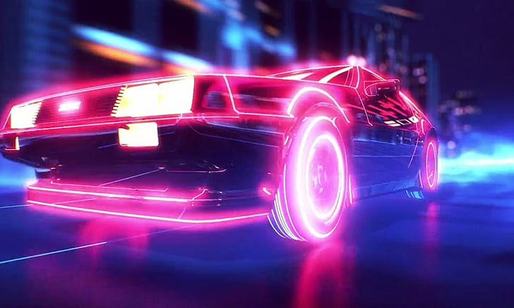 Lata 80., samochód, DeLorean, neon, New Retro Wave, retro Games, synthwave, Tapety HD