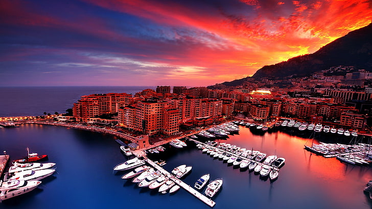 صورة جوية للمباني والقوارب ، مناظر المدينة ، موناكو ، الميناء ، الشروق ، المدينة ، القارب ، البحر، خلفية HD