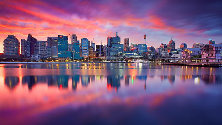 paysage urbain, réflexion, ville, zone métropolitaine, ligne d'horizon, métropole, ciel, australie, gratte-ciel, tombée de la nuit, ciel rose, horizon, coucher de soleil, Fond d'écran HD