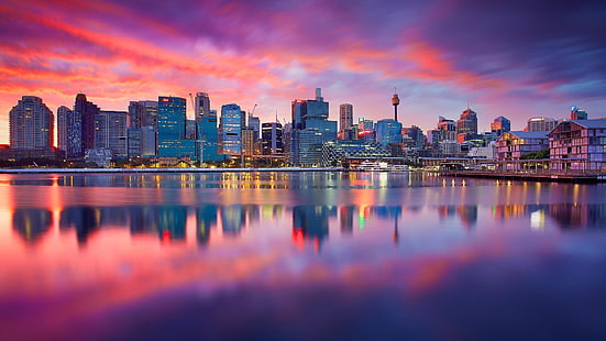 stadsbild, reflektion, stad, storstadsområde, skyline, metropol, sydney, himmel, australien, skyskrapa, skymning, rosa himmel, horisont, solnedgång, HD tapet HD wallpaper