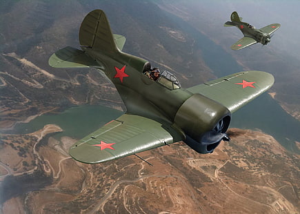 녹색 비행기, 하늘, 그림, 미술, 비행, 항공기, 소련, 단일 엔진, 피스톤, 전투기-Diskoplana, 고속, I-16 (TSKB-12), HD 배경 화면 HD wallpaper