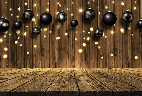  background, Board, golden, gold, christmas, new year, balls, wood, bokeh, celebration, sparkle, HD wallpaper HD wallpaper
