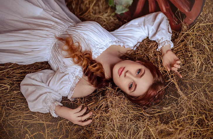 women, model, redhead, looking at viewer, lying on back, dress, bare shoulders, straw, white dress, HD wallpaper