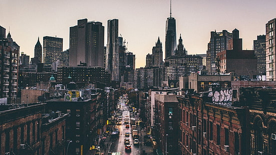 vue aérienne des bâtiments et des voitures, ville et voitures pendant l'heure d'or, ville, Manhattan, New York, rue, bâtiment, paysage urbain, Fond d'écran HD HD wallpaper