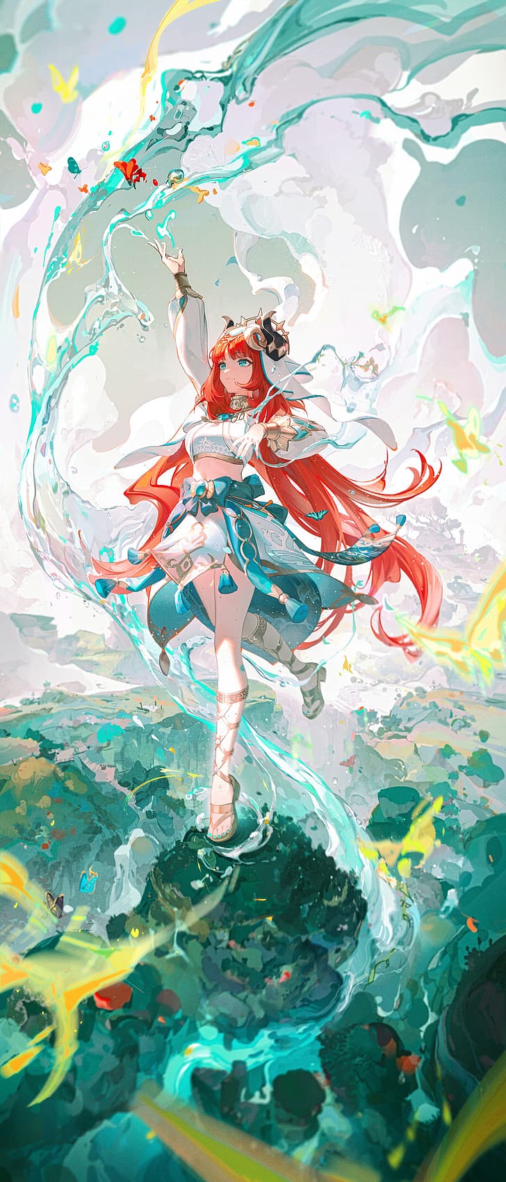 Genshin Impact, long hair, portrait display, anime girls, Nilou (Genshin Impact), redhead, looking up, bare midriff, water drops, water, Blue Butterflies, butterfly, blue nails, Ying Yi, standing on one leg, sandals, detached sleeves, one arm up, outdoors, dancing, white tops, crop top, horns, HD wallpaper