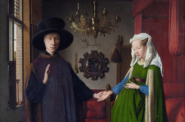 Arnolfini Portrait By Jan Van Eyck, man holding woman's hand painting, Artistic, Drawings, arnolfini, janvaneyck, HD wallpaper