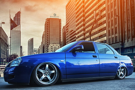 blue sedan, Lada, Priora, stance, Vaz, Prior, 2170, HD wallpaper HD wallpaper