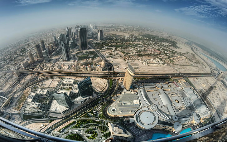 aerial view of city buildings, landscape, skyscraper, highway, cityscape, architecture, fisheye lens, mist, Dubai, United Arab Emirates, urban, balcony, HD wallpaper