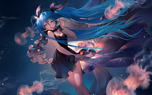 Anime, Anime Girls, Hatsune Miku, Vocaloid, blaues Haar, langes Haar, blaue Augen, Haarschmuck, HD-Hintergrundbild HD wallpaper