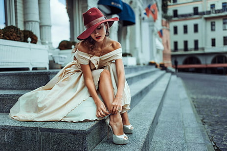 women, hat, legs, urban, women outdoors, model, sitting, millinery, high heels, strapless dress, HD wallpaper HD wallpaper