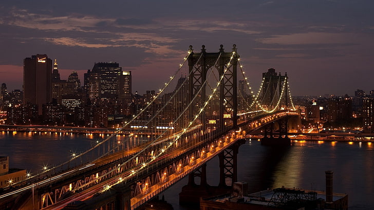 city, USA, New York City, bridge, night, Manhattan Bridge, HD wallpaper