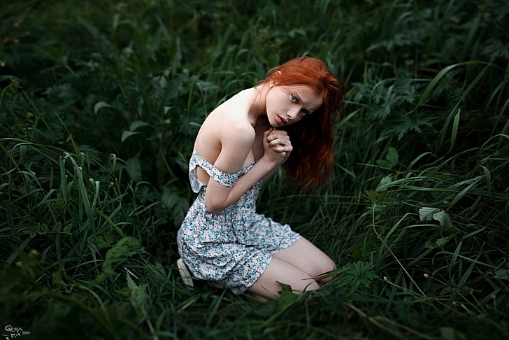 women, model, redhead, grass, Georgy Chernyadyev, HD wallpaper