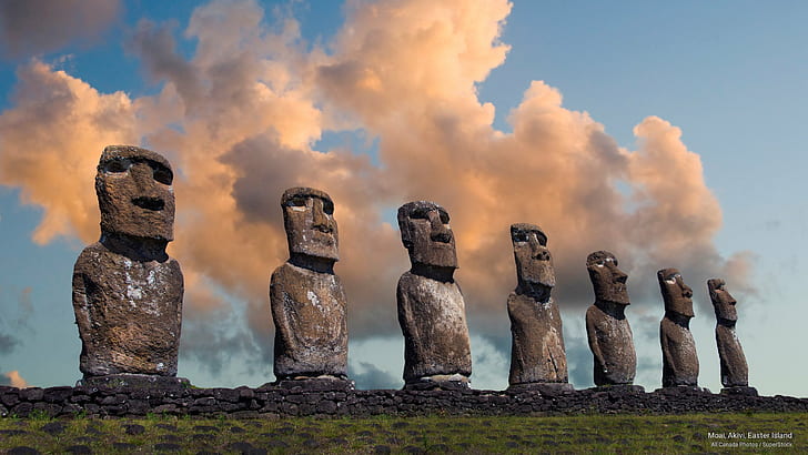 Moai, Akivi, Pulau Paskah, Tengara, Wallpaper HD