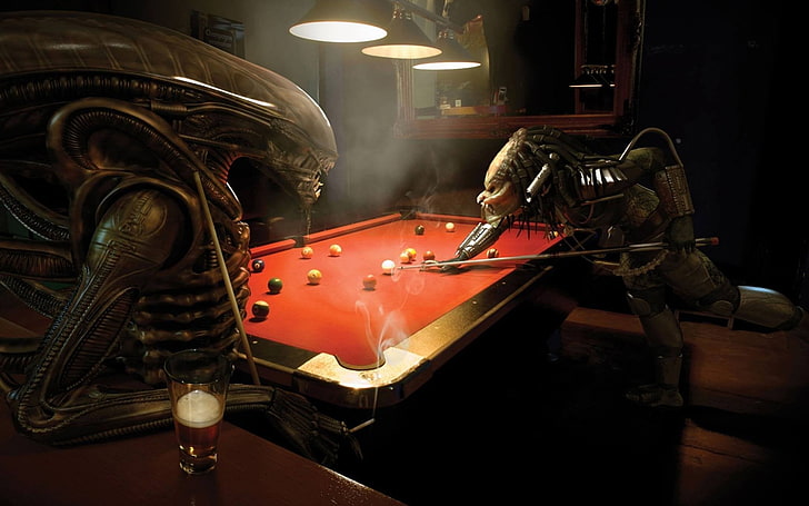 Alien and Predator playing table pool, Alien vs. Predator, HD wallpaper