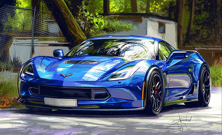 blue Corvette coupe, Aleksandr Sidelnikov, car, vehicle, painting, street, Corvette, trees, blue, front angle view, blue cars, HD wallpaper