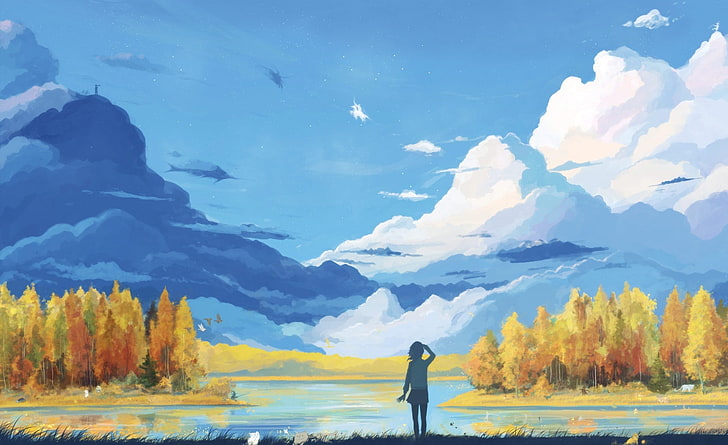 Fall Scenery Painting, person standing in front of body of water digital painting, Artistic, Drawings, Blue, Girl, Landscape, Autumn, Yellow, Scenery, Scene, Mountains, Artwork, Painting, fall scenery, HD wallpaper