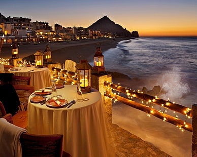Restaurante praia velas luzes jantar HD, natureza, praia, luzes, velas, restaurante, jantar, HD papel de parede HD wallpaper