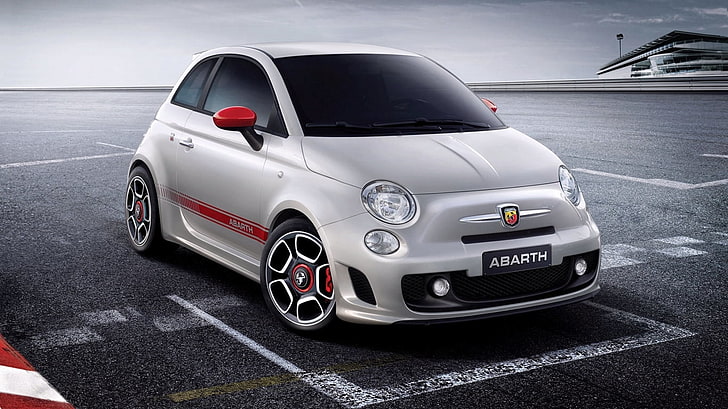 silver Abarth 3-door hatchback, car, Abarth, fiat 500, vehicle, tuning, race tracks, silver cars, HD wallpaper