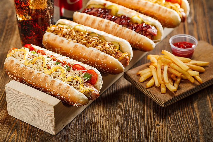 queijo, ketchup, salsicha, cachorro-quente, batata frita, fast food, HD papel de parede