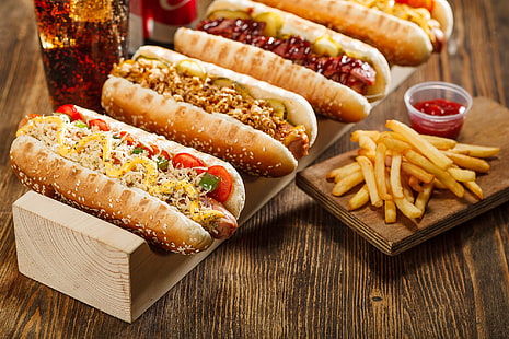 cheese, ketchup, sausage, hot dog, French fries, fast food, HD wallpaper HD wallpaper