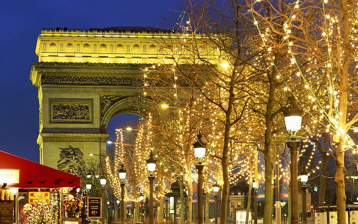 Arc De Triumph, Коледа, дървета, декорации, HD тапет