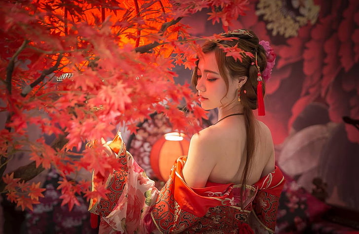 アジア、祭り、女性、伝統衣装、紅葉、裸の肩、髪飾り、 HDデスクトップの壁紙